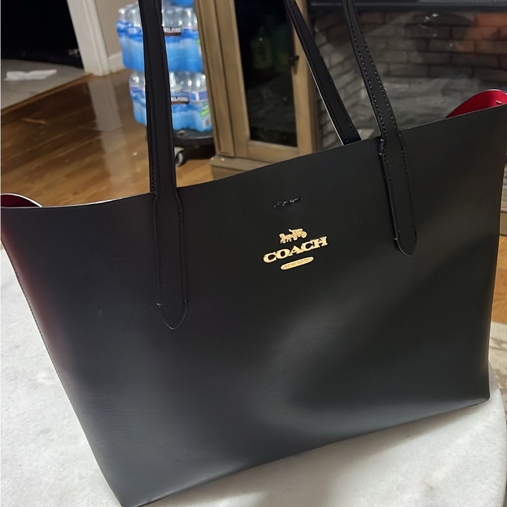 Coach Black Leather Tote with Gold Accents